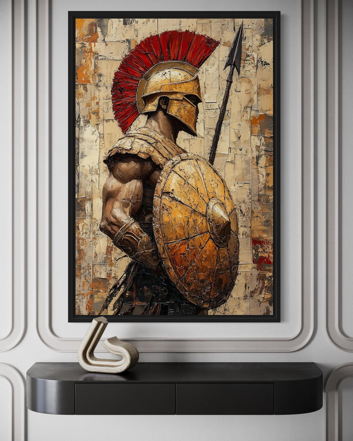 Spartan warrior canvas wall art with spear and shield in a textured, bronze and red oil painting.