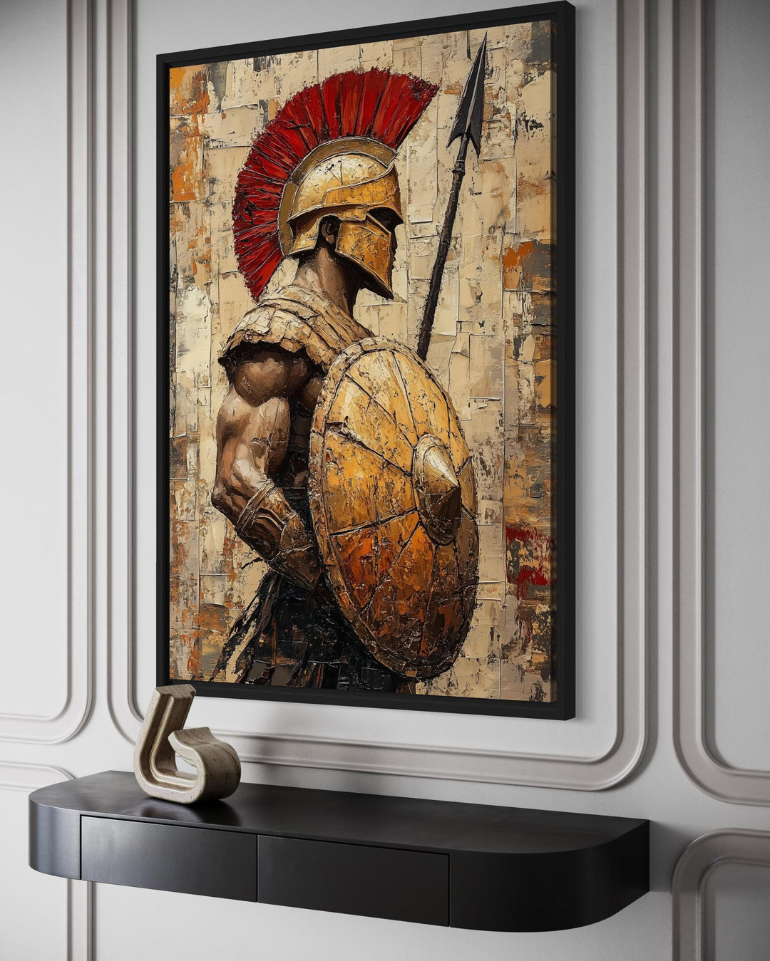 Spartan warrior canvas wall art featuring a soldier with a spear, shield, and red plumed helmet.