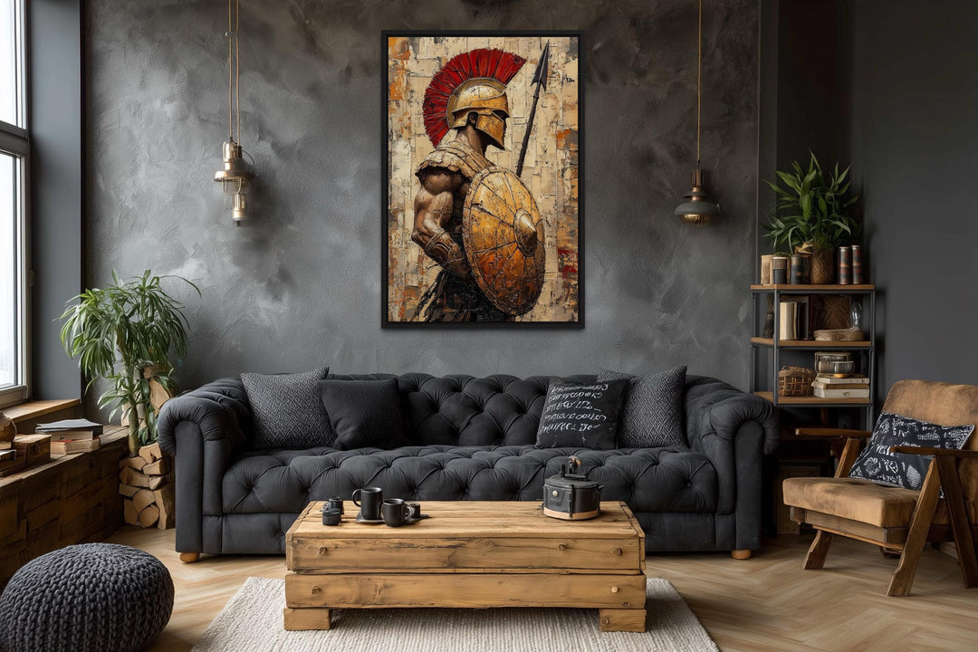 Spartan Warrior With Spear and Shield Canvas Wall Art in a modern industrial living room.