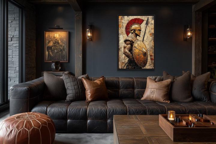 Spartan warrior canvas wall art with spear and shield in a dark, modern living room setting.