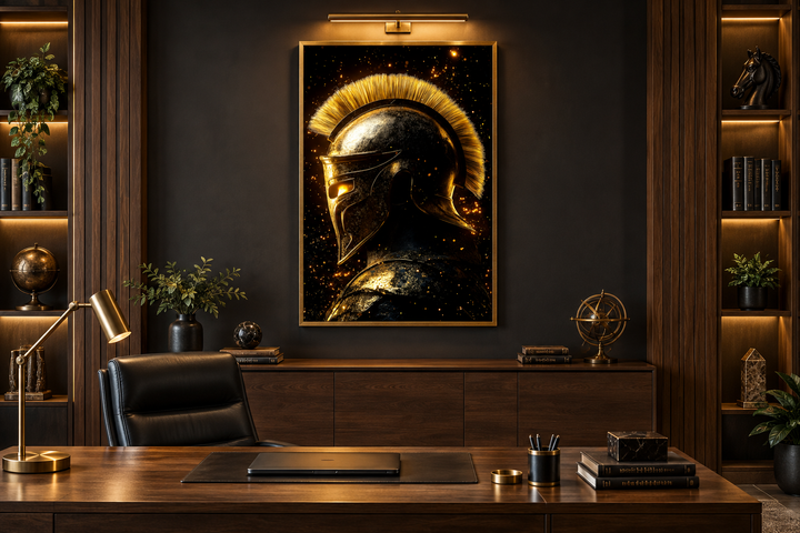 Spartan warrior helmet canvas print in dark gold and black, displayed in a modern home office.