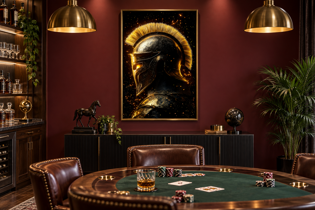Spartan warrior helmet canvas print in a dark gold and black color scheme on a red man cave wall.