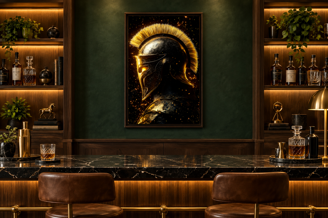Spartan warrior helmet canvas print in dark gold and black, displayed in a home bar setting.