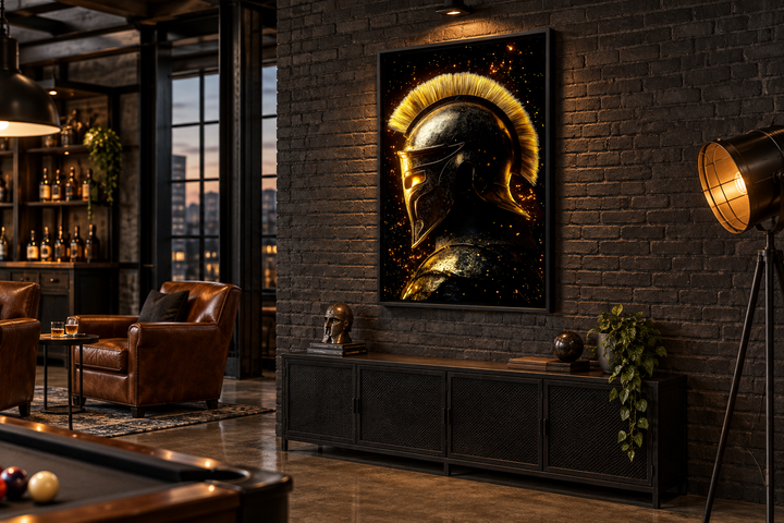 Spartan warrior helmet canvas print in dark gold and black, displayed on a dark brick wall.
