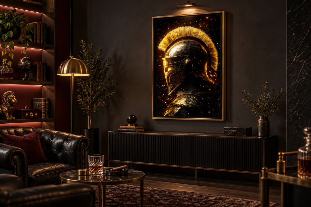 Spartan warrior helmet canvas print in dark gold and black, displayed in a moody library setting.