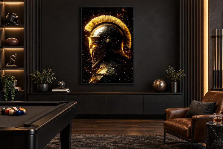 Spartan warrior helmet canvas print in dark gold and black, hanging in a modern man cave.