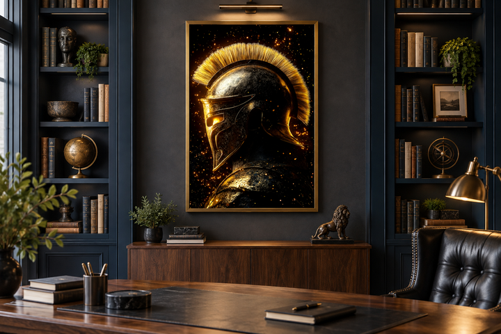 Spartan warrior helmet canvas print in a dark gold and black color scheme on an office wall.