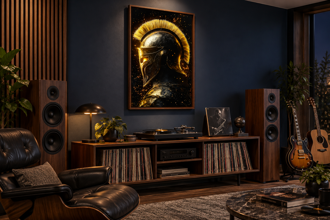 Spartan warrior helmet canvas print in dark gold and black, hanging in a modern man cave.