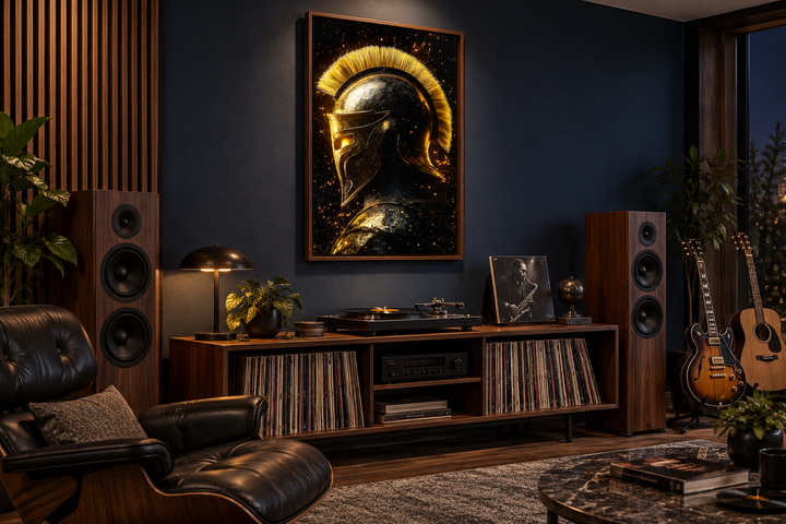 Spartan warrior helmet canvas print in dark gold and black, hanging in a modern man cave.