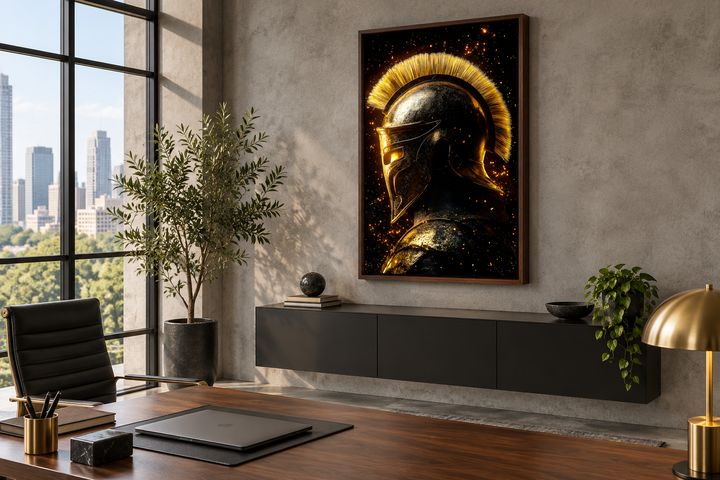 Spartan warrior helmet canvas print in dark gold and black, hanging in a modern office setting.