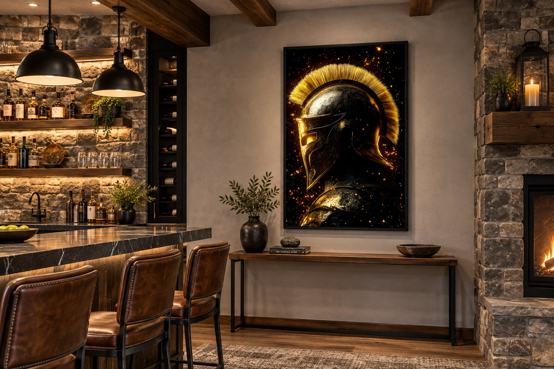 Spartan warrior helmet canvas print in dark gold and black, hanging in a modern man cave setting.