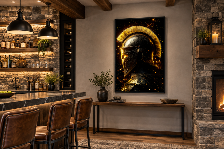 Spartan warrior helmet canvas print in dark gold and black, hanging in a modern man cave setting.