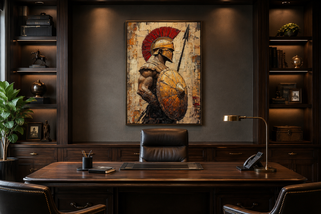 Spartan warrior canvas wall art with spear and shield in a dark wood office setting.