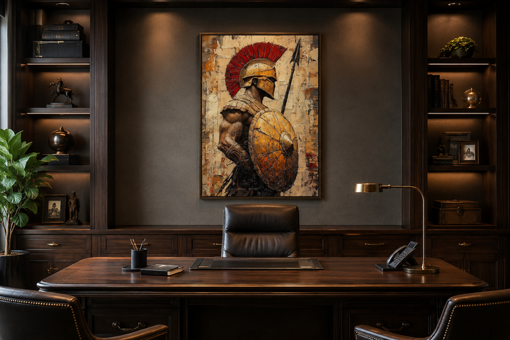 Spartan warrior canvas wall art with spear and shield in a dark wood office setting.