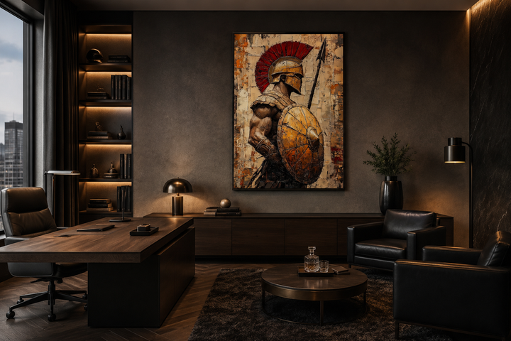 Spartan Warrior With Spear and Shield Canvas Wall Art in a modern office setting.