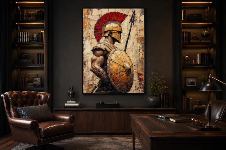 Spartan warrior canvas wall art with spear and shield in a dark, masculine office setting.