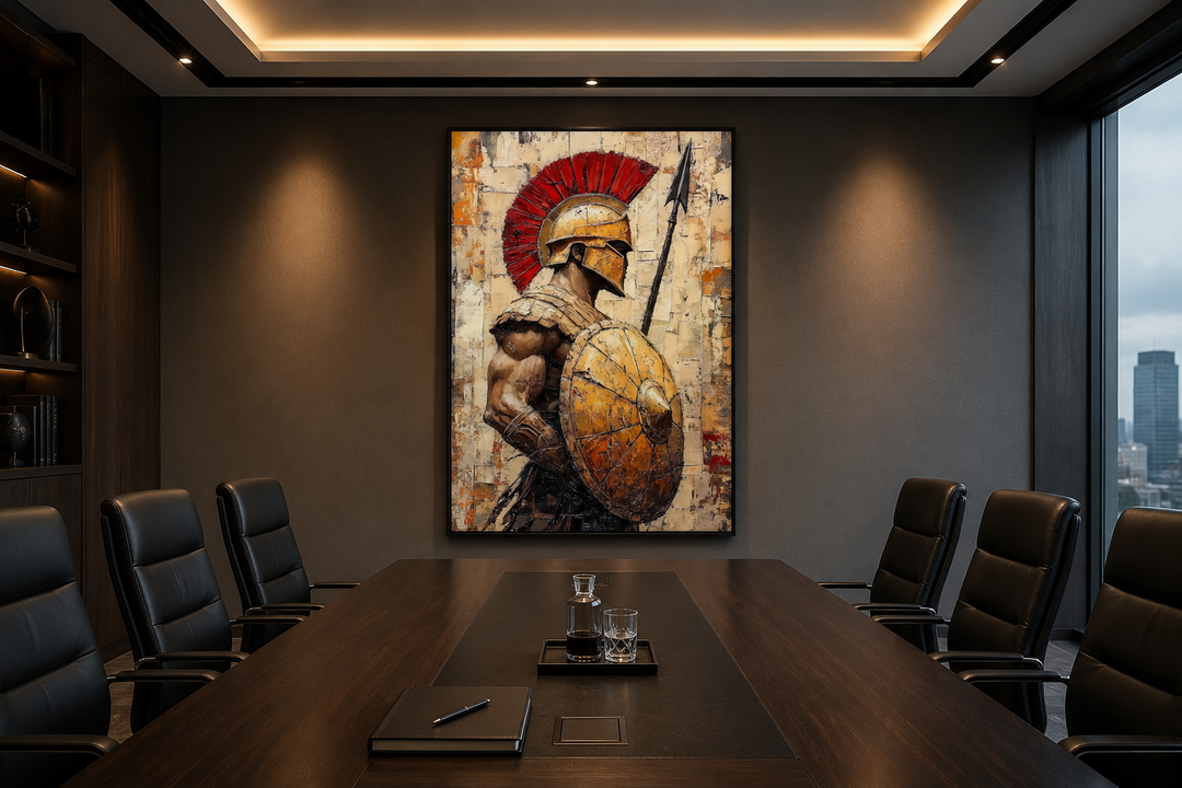 Spartan warrior canvas wall art with spear and shield in a modern office setting.