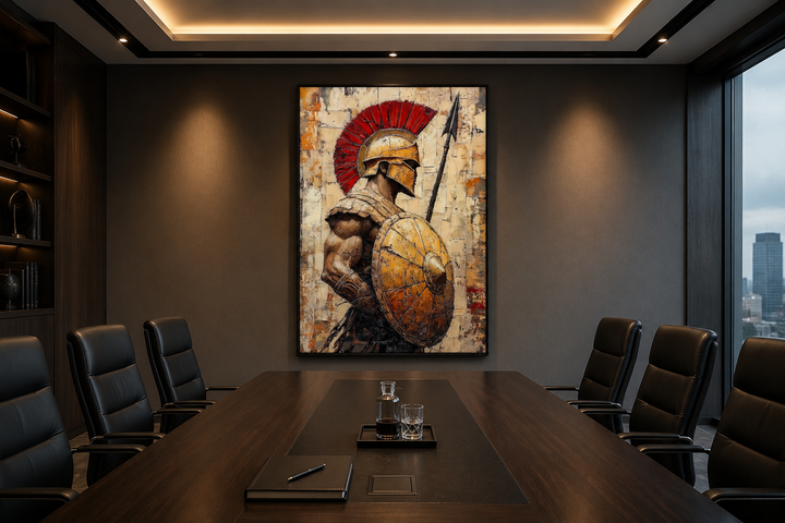 Spartan warrior canvas wall art with spear and shield in a modern office setting.