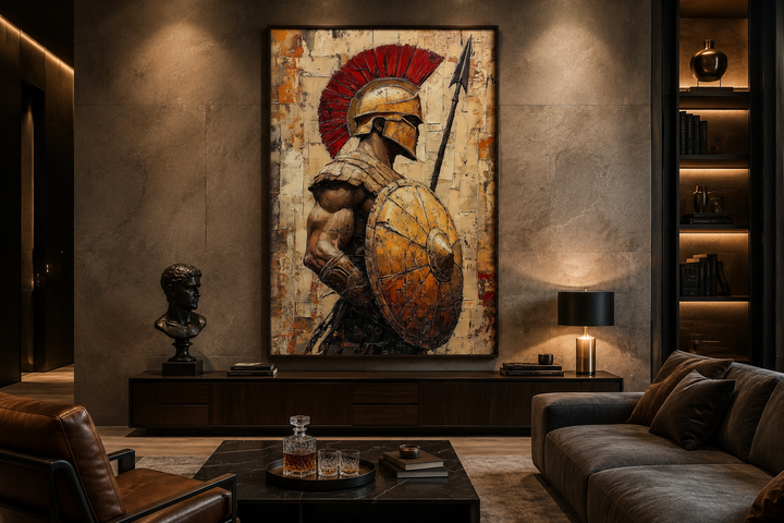 Spartan warrior canvas wall art featuring a soldier with a red-plumed helmet, spear, and shield.