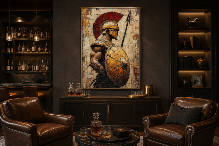Spartan warrior canvas wall art with spear and shield in a dark, masculine lounge setting.