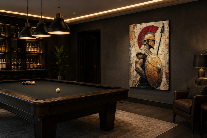 Spartan warrior canvas wall art with spear and shield in a dark, modern game room with pool table.