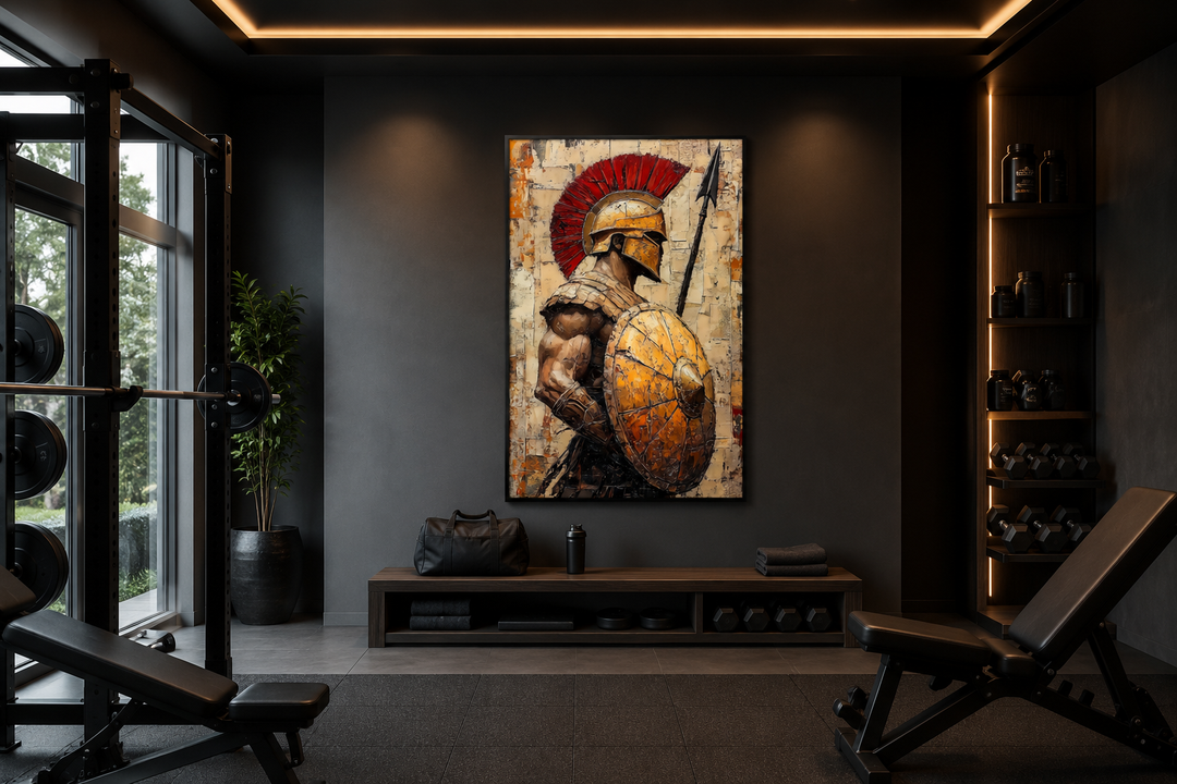 Spartan Warrior with Spear and Shield Canvas Wall Art in a modern home gym setting.
