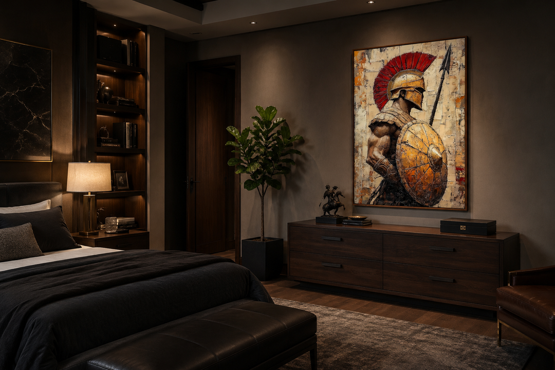 Spartan Warrior with Spear and Shield Canvas Wall Art in a dark, modern bedroom setting.