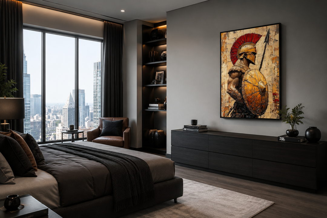 Spartan warrior canvas wall art with spear and shield in a modern bedroom setting.