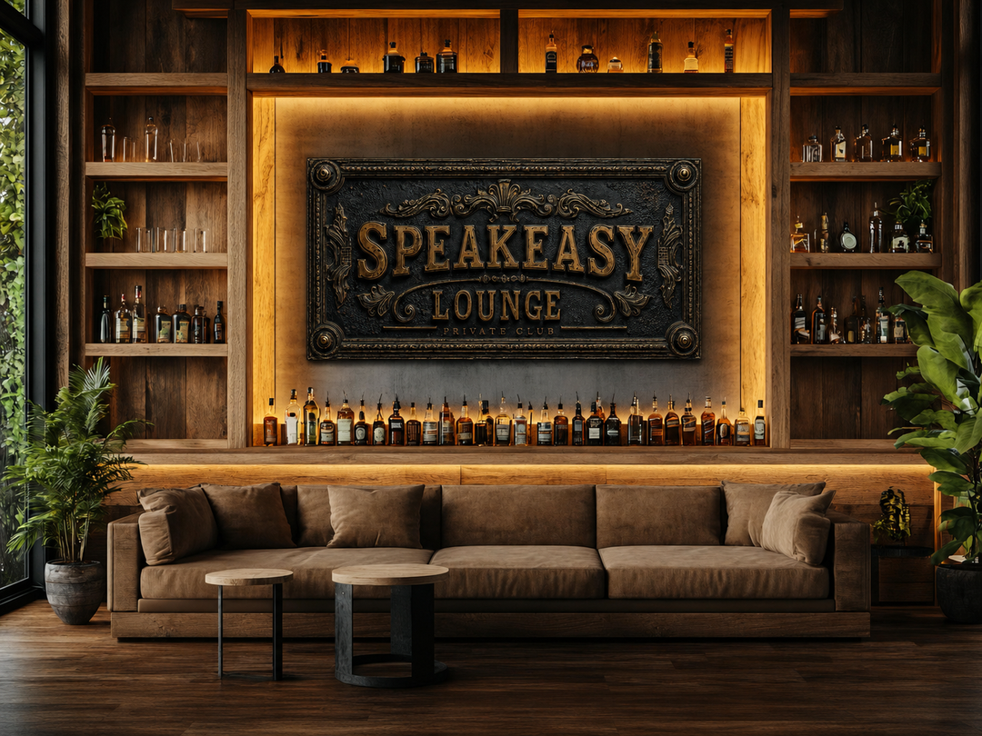Vintage Speakeasy Lounge wall art sign in black and gold above a sofa in a home bar setting.
