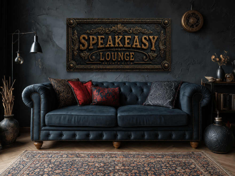 Vintage Speakeasy Lounge wall art in black and gold above a dark blue tufted sofa.