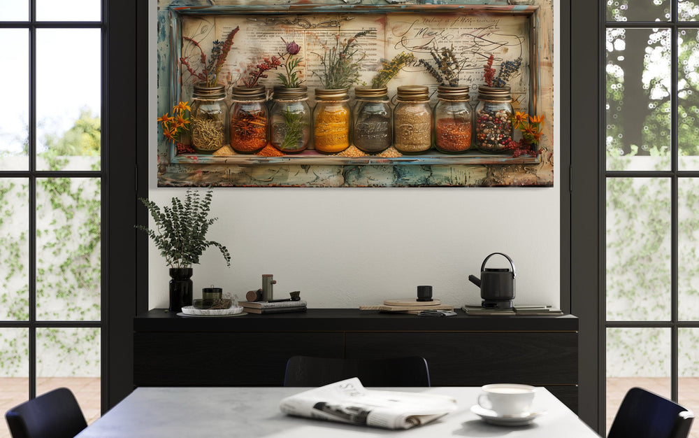 Spices In Jars Rustic Farmhouse Kitchen Framed Canvas Wall Art in the kitchen