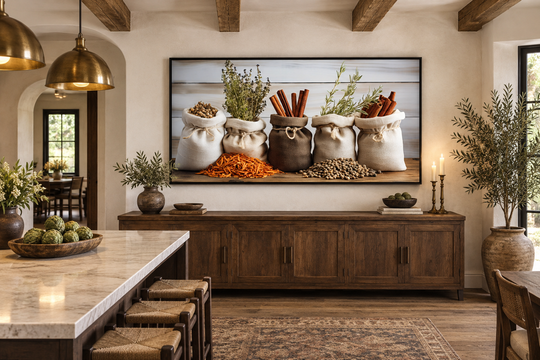 Large canvas print of herbs and spices in sacks displayed above a wooden sideboard in a kitchen.