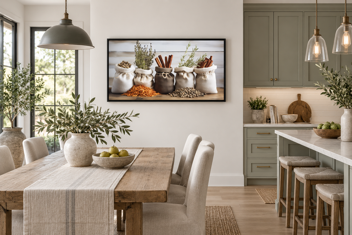 Farmhouse kitchen wall art featuring a canvas print of herbs and spices in rustic burlap bags.