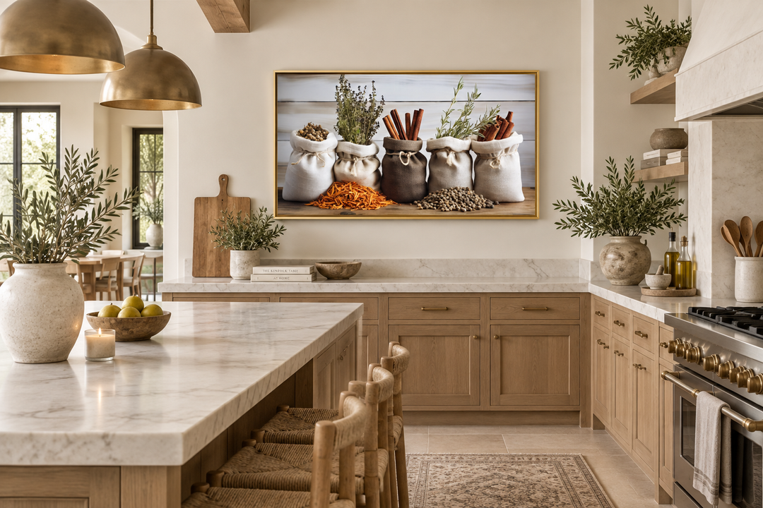 Framed canvas print of herbs and spices in sacks displayed in a rustic farmhouse kitchen.