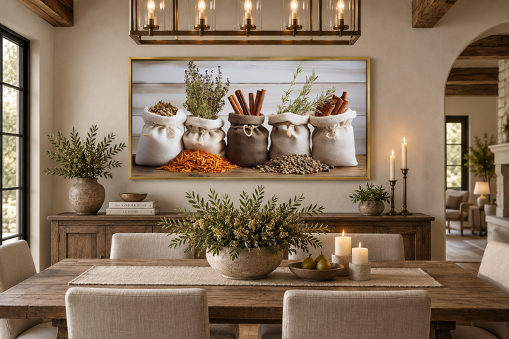 Farmhouse canvas print of herbs and spices in sacks, displayed in a rustic dining room setting.