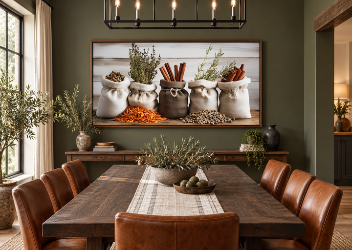 Farmhouse kitchen wall art featuring a canvas print of herbs and spices in sacks on a dining wall.
