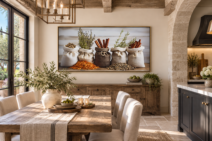 Farmhouse canvas wall art of herbs and spices in sacks above a wooden sideboard in a dining room.