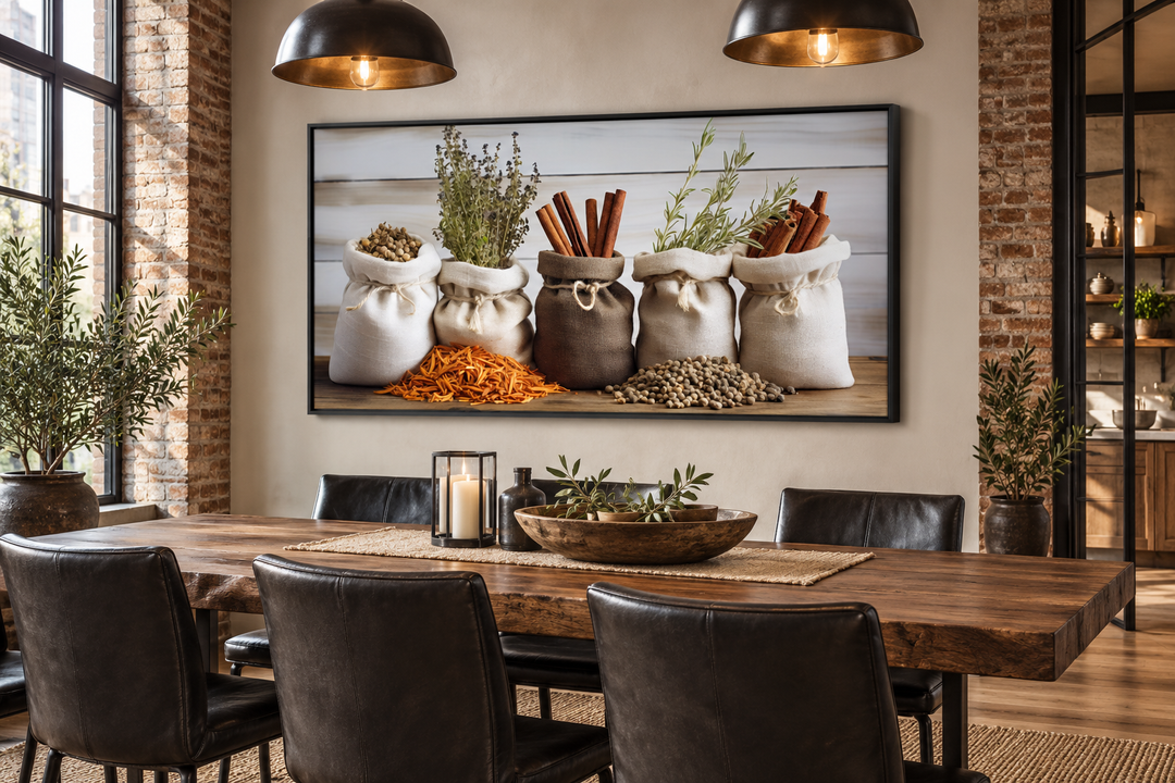 Farmhouse kitchen wall art featuring a canvas print of herbs and spices in rustic sacks.
