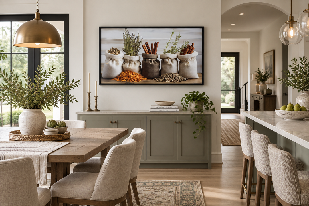 Herbs and spices canvas print in a black frame above a green sideboard in a farmhouse dining room.