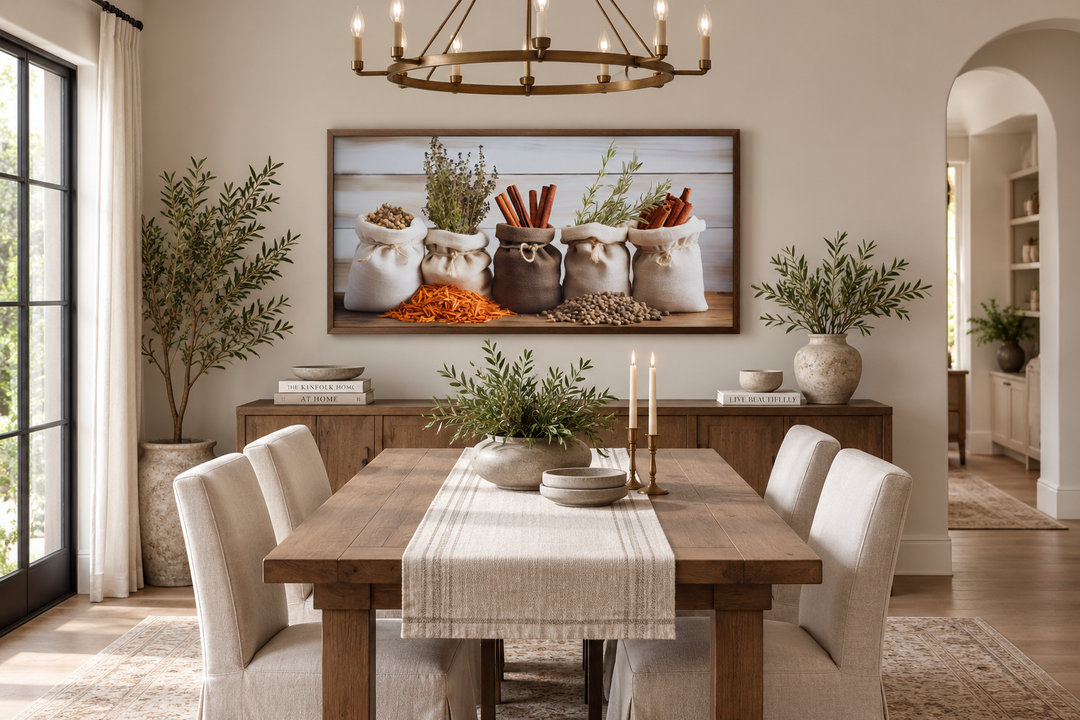 Farmhouse kitchen wall art featuring a canvas print of herbs and spices in rustic bags.