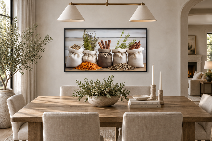Farmhouse canvas print of herbs and spices in burlap bags hanging in a rustic dining room.