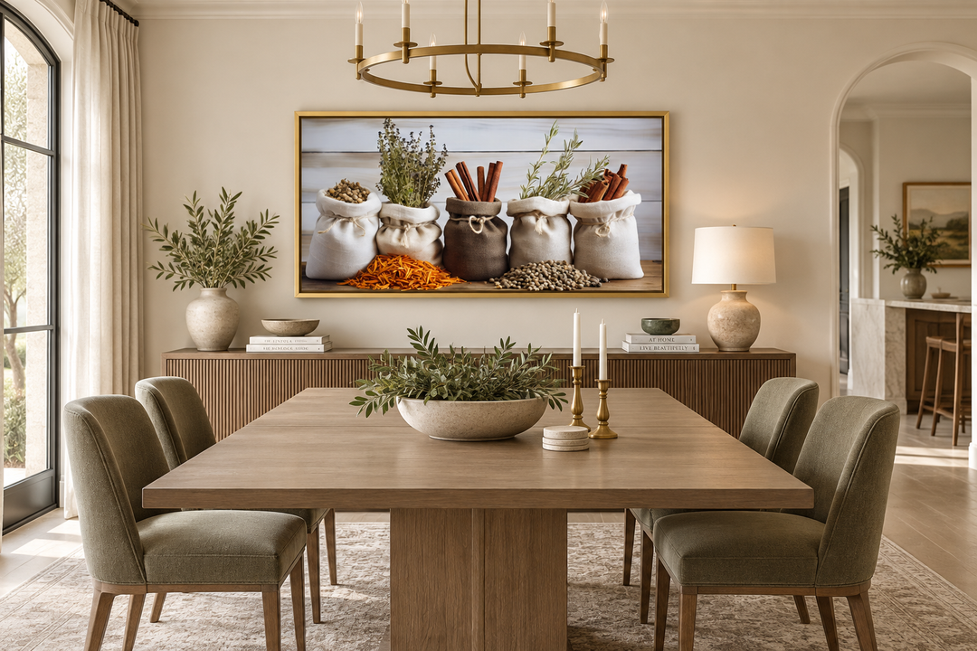 Herbs and spices canvas print in a gold frame above a dining table in a farmhouse-style room.