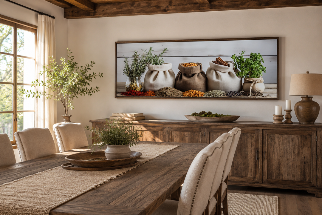 Spices and herbs long horizontal kitchen wall decor framed above a rustic wooden sideboard.
