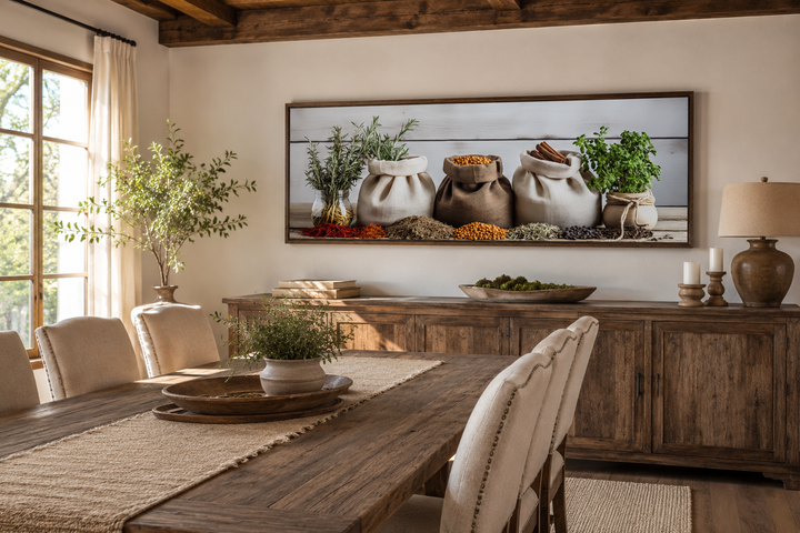 Spices and herbs long horizontal kitchen wall decor framed above a rustic wooden sideboard.