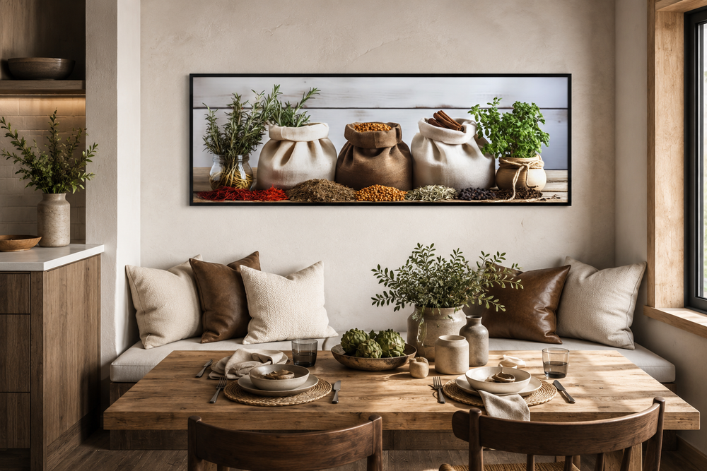 Spices and Herbs long horizontal kitchen wall decor framed above a rustic dining table.