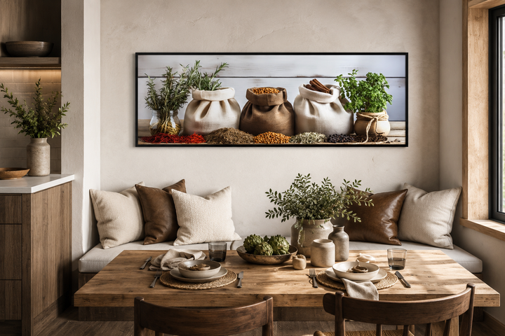 Spices and Herbs long horizontal kitchen wall decor framed above a rustic dining table.