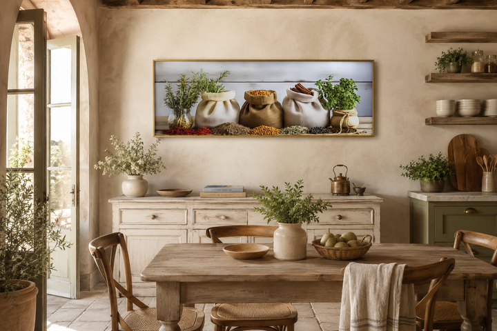 Spices and herbs long horizontal framed wall art above a sideboard in a rustic kitchen.