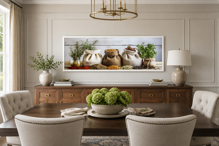 Spices and herbs long horizontal framed wall art displayed above a sideboard in a dining room.