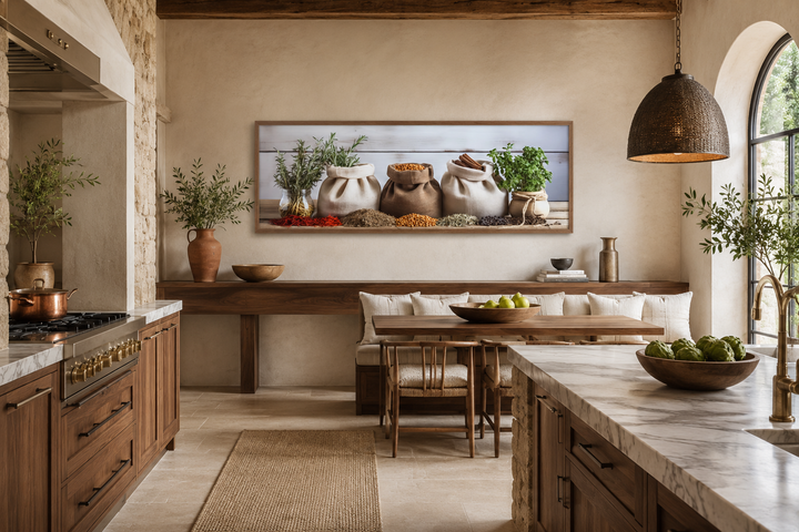Spices and herbs long horizontal framed wall art displayed above a wooden bench in a rustic kitchen.