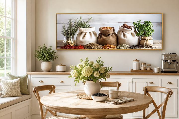 Spices and Herbs long horizontal framed wall art hanging in a bright, rustic kitchen.